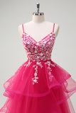 Sparkly Fuchsia A-Line Ruffled Tulle Long Prom Dress with Appliques