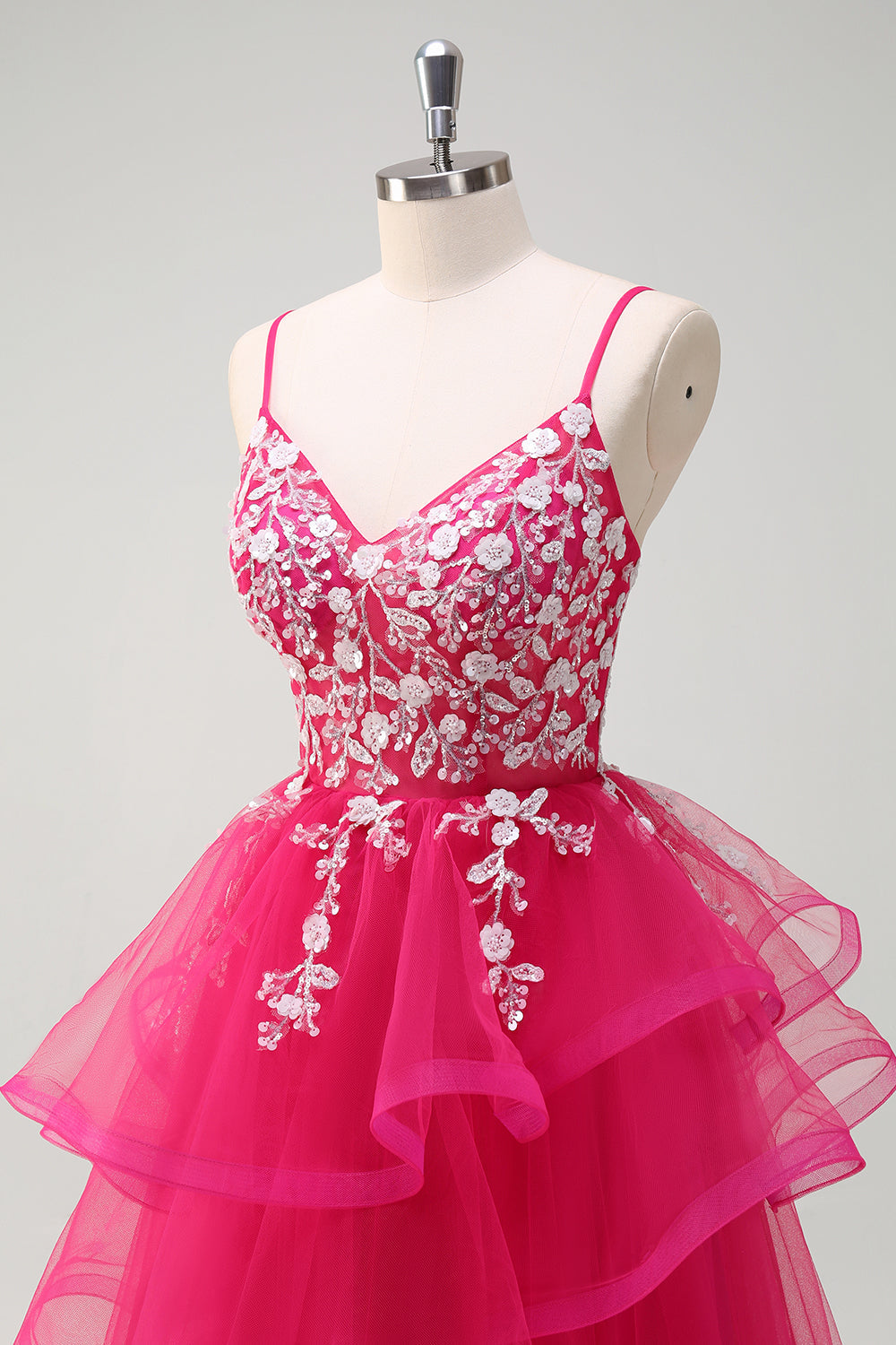 Sparkly Fuchsia A-Line Ruffled Tulle Long Prom Dress with Appliques