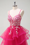 Sparkly Fuchsia A-Line Ruffled Tulle Long Prom Dress with Appliques