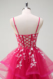 Sparkly Fuchsia A-Line Ruffled Tulle Long Prom Dress with Appliques