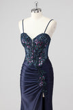 Sparkly Navy Mermaid Sequins Ruched Corset Long Prom Dress with Slit