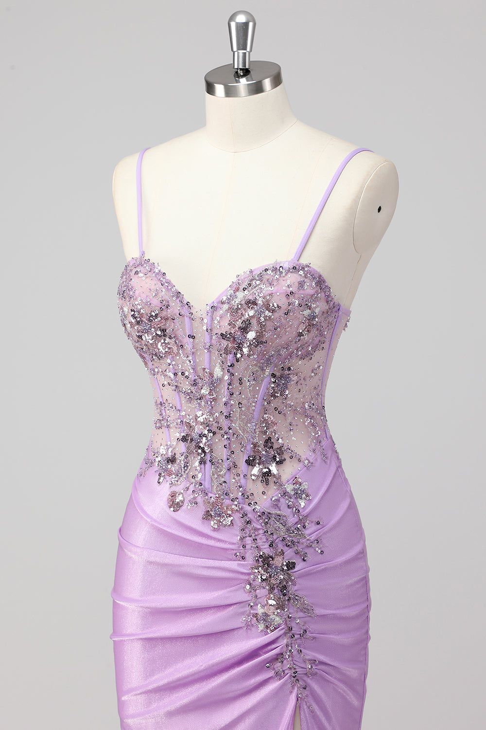 Purple Mermaid Spaghetti Straps Corset Sequin Long Prom Dress with Slit