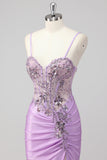 Purple Mermaid Spaghetti Straps Corset Sequin Long Prom Dress with Slit