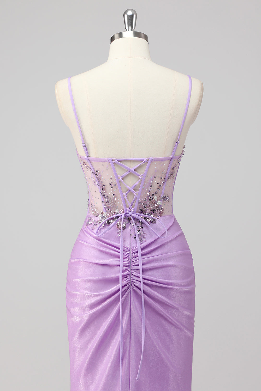 Purple Mermaid Spaghetti Straps Corset Sequin Long Prom Dress with Slit