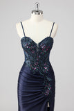 Purple Mermaid Spaghetti Straps Corset Sequin Long Prom Dress with Slit