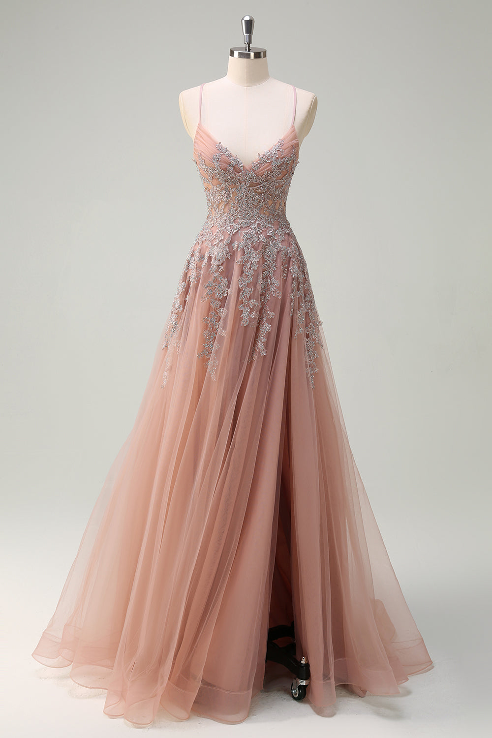 Blush A Line Lace Up Back Beaded Appliqued Long Prom Dress with Slit