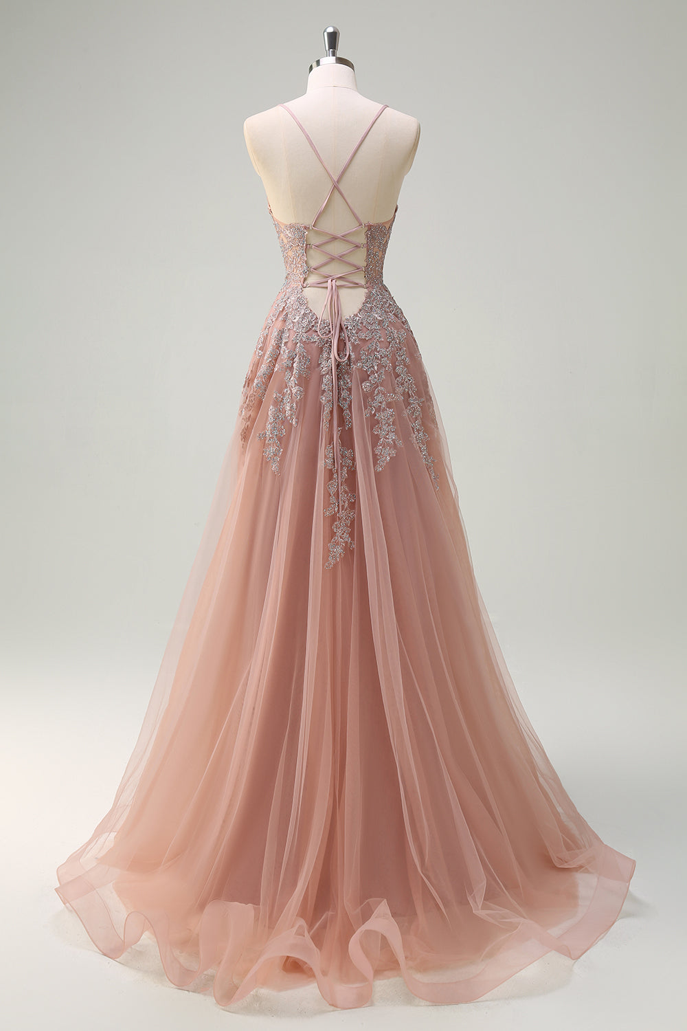 Blush A Line Lace Up Back Beaded Appliqued Long Prom Dress with Slit
