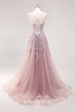Lavender A Line Spaghetti Straps Beaded Tulle Long Prom Dress with Slit