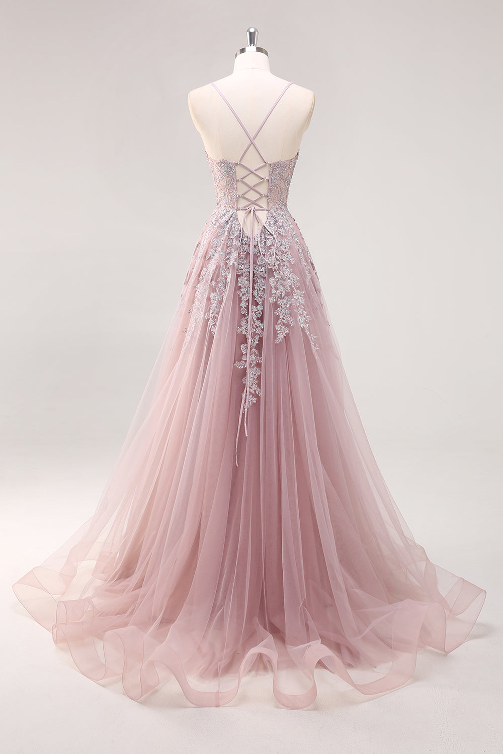 Blush A Line Lace Up Back Beaded Appliqued Long Prom Dress with Slit
