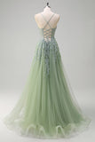 Lavender A Line Spaghetti Straps Beaded Tulle Long Prom Dress with Slit