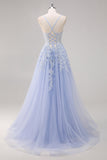 Lavender A Line Spaghetti Straps Beaded Tulle Long Prom Dress with Slit