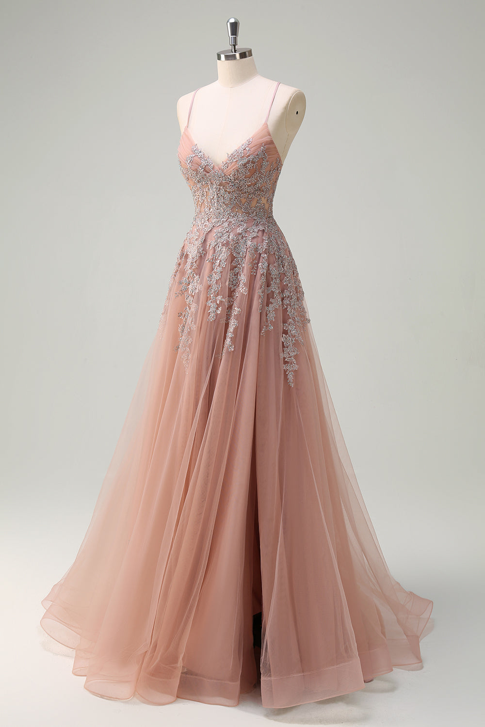 Blush A Line Lace Up Back Beaded Appliqued Long Prom Dress with Slit