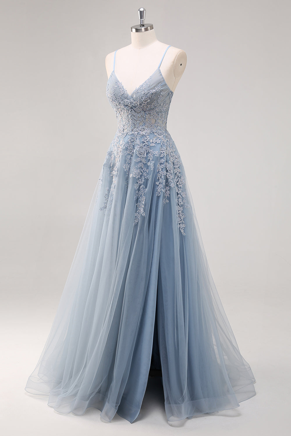 Lavender A Line Spaghetti Straps Beaded Tulle Long Prom Dress with Slit