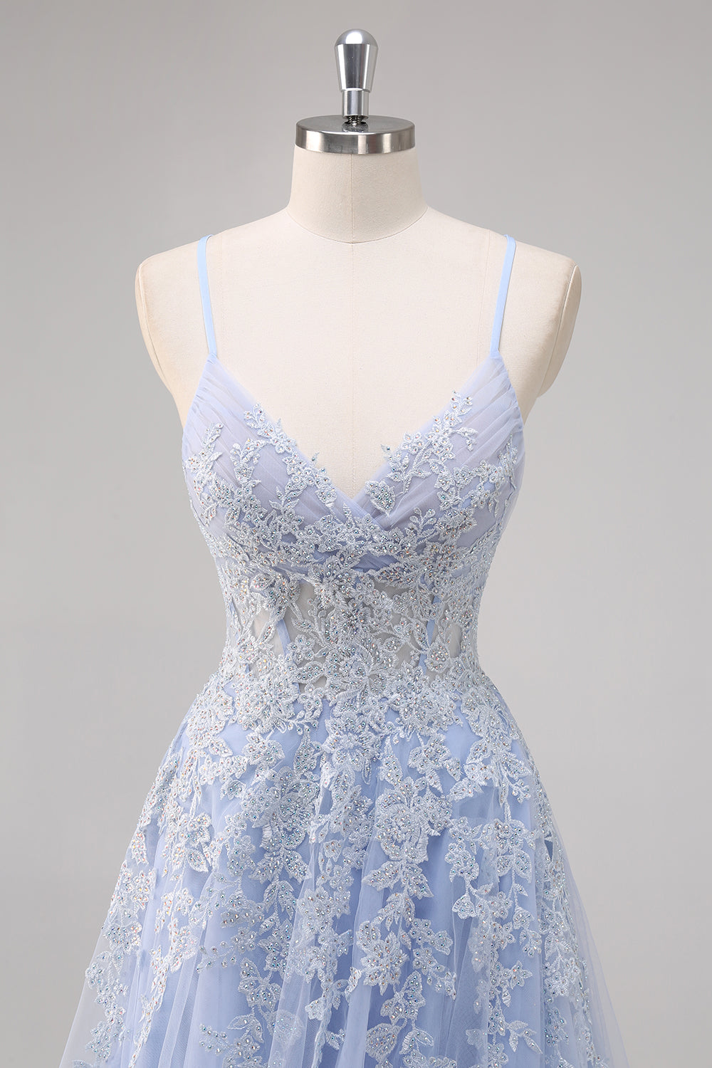 Lavender A Line Spaghetti Straps Beaded Tulle Long Prom Dress with Slit