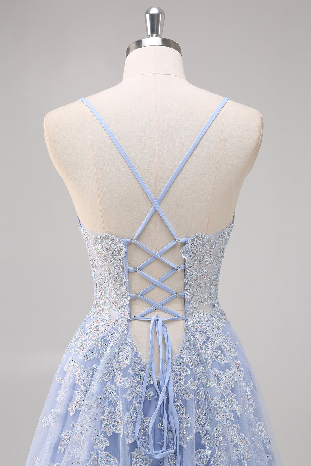 Lavender A Line Spaghetti Straps Beaded Tulle Long Prom Dress with Slit