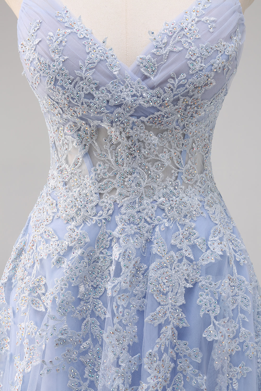 Lavender A Line Spaghetti Straps Beaded Tulle Long Prom Dress with Slit