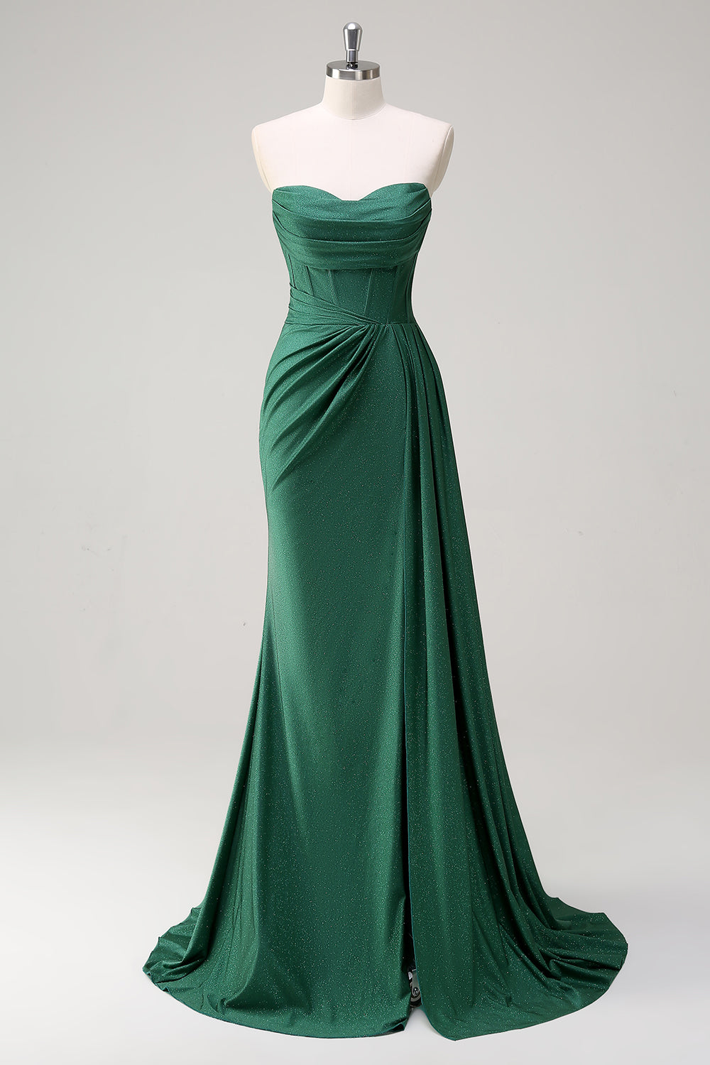 Glitter Dark Green Mermaid Strapless Long Prom Dress with Slit