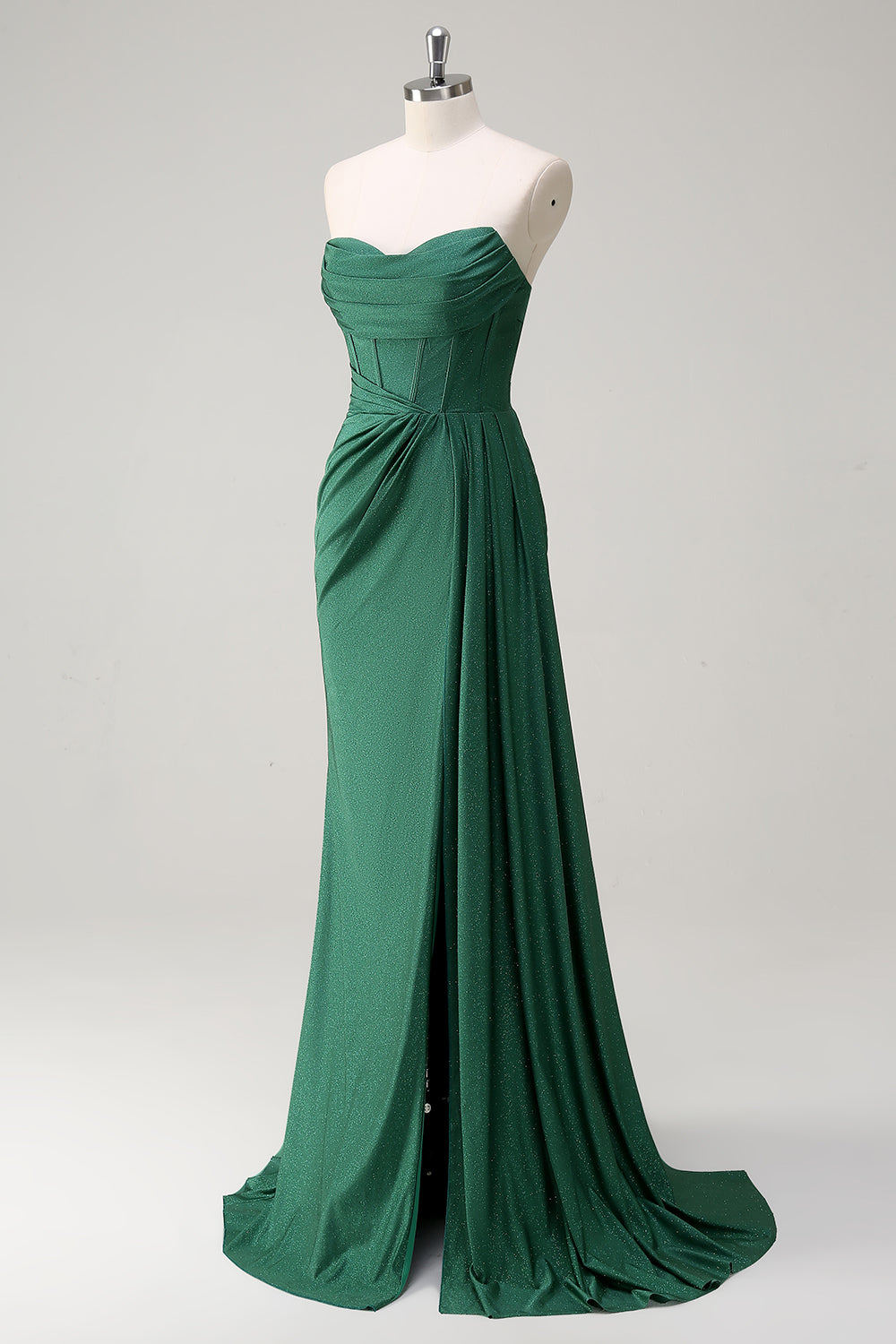 Glitter Dark Green Mermaid Strapless Long Prom Dress with Slit