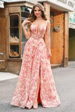 Pink A-Line Off The Shoulder Corset Floral Long Prom Dress with Slit