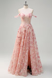 Pink A-Line Off The Shoulder Corset Floral Long Prom Dress with Slit