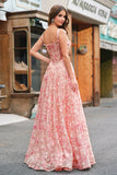 Pink A-Line Off The Shoulder Corset Floral Long Prom Dress with Slit