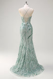 Sparkly Sage Spaghetti Straps Mermaid Sequin Long Prom Dress with Slit