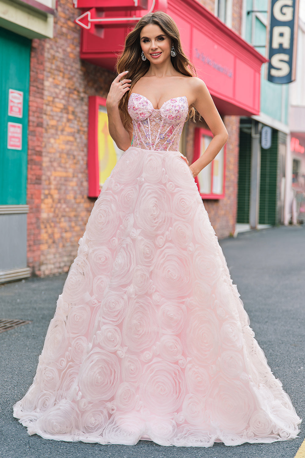 Pink Princess Strapless Floral Corset Long Prom Dress With Sequins