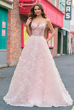 Pink Princess Strapless Floral Corset Long Prom Dress With Sequins