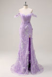 Lilac Mermaid Off the Shoulder Corset Appliqued Long Prom Dress with Slit