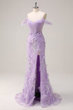 Lilac Mermaid Off the Shoulder Corset Appliqued Long Prom Dress with Slit
