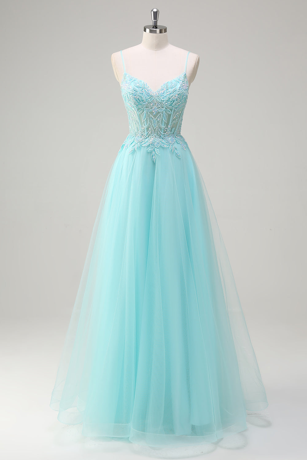 Sky Blue A-Line Spaghetti Straps Beaded Prom Dress with Appliques