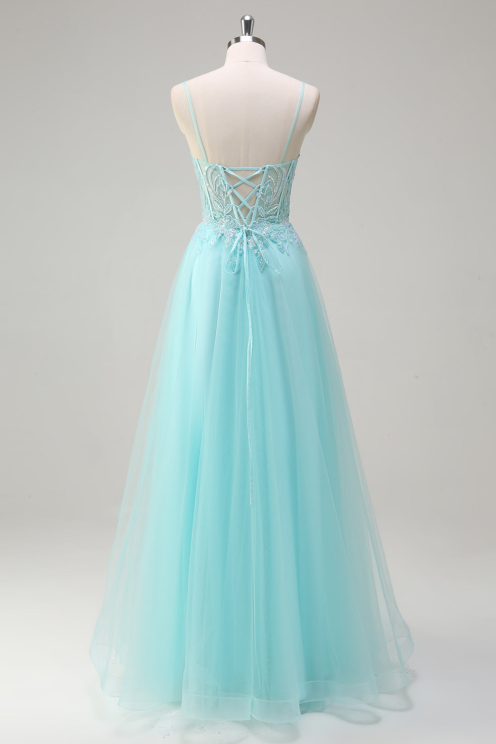 Sky Blue A-Line Spaghetti Straps Beaded Prom Dress with Appliques