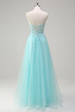 Sky Blue A-Line Spaghetti Straps Beaded Prom Dress with Appliques