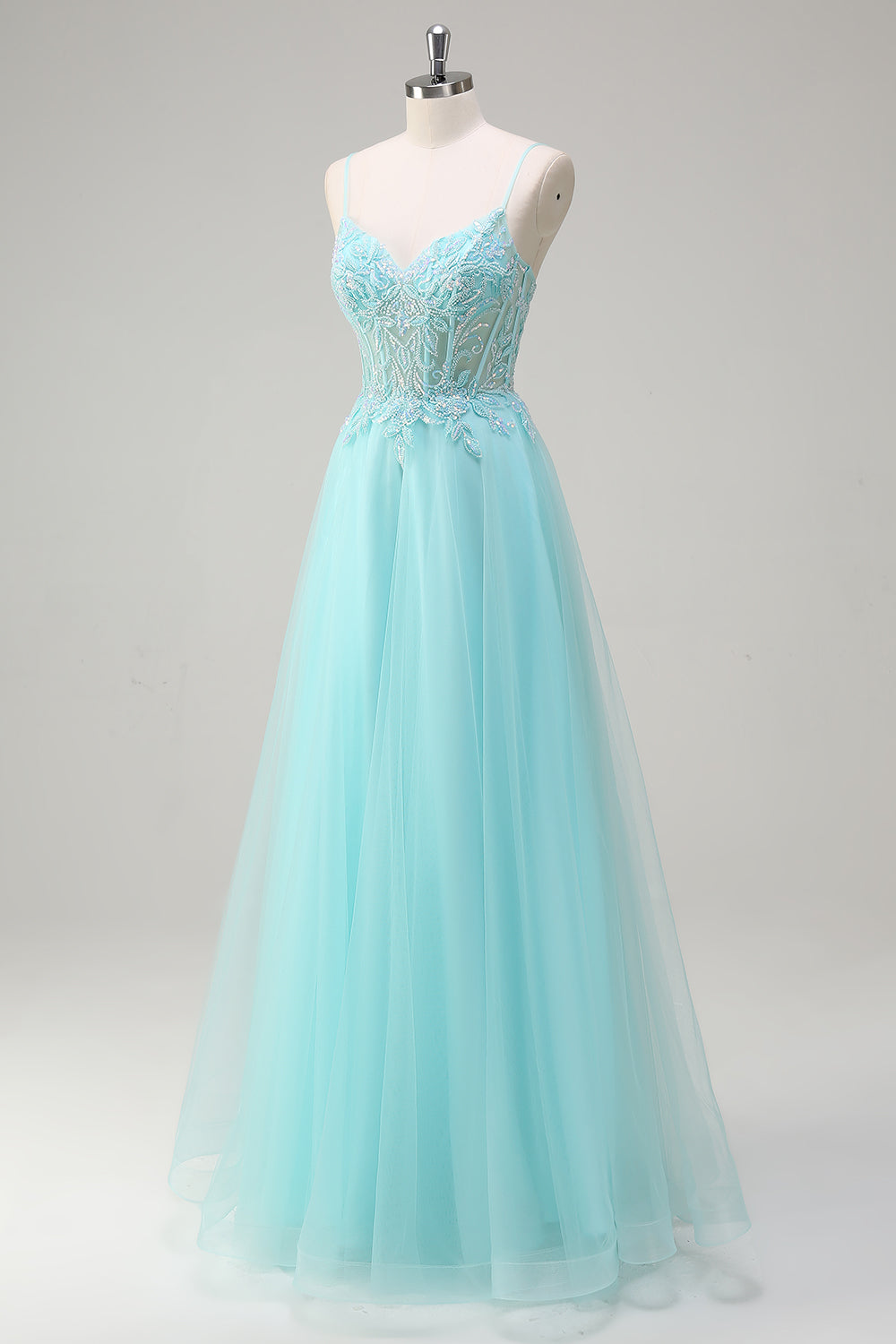 Sky Blue A-Line Spaghetti Straps Beaded Prom Dress with Appliques