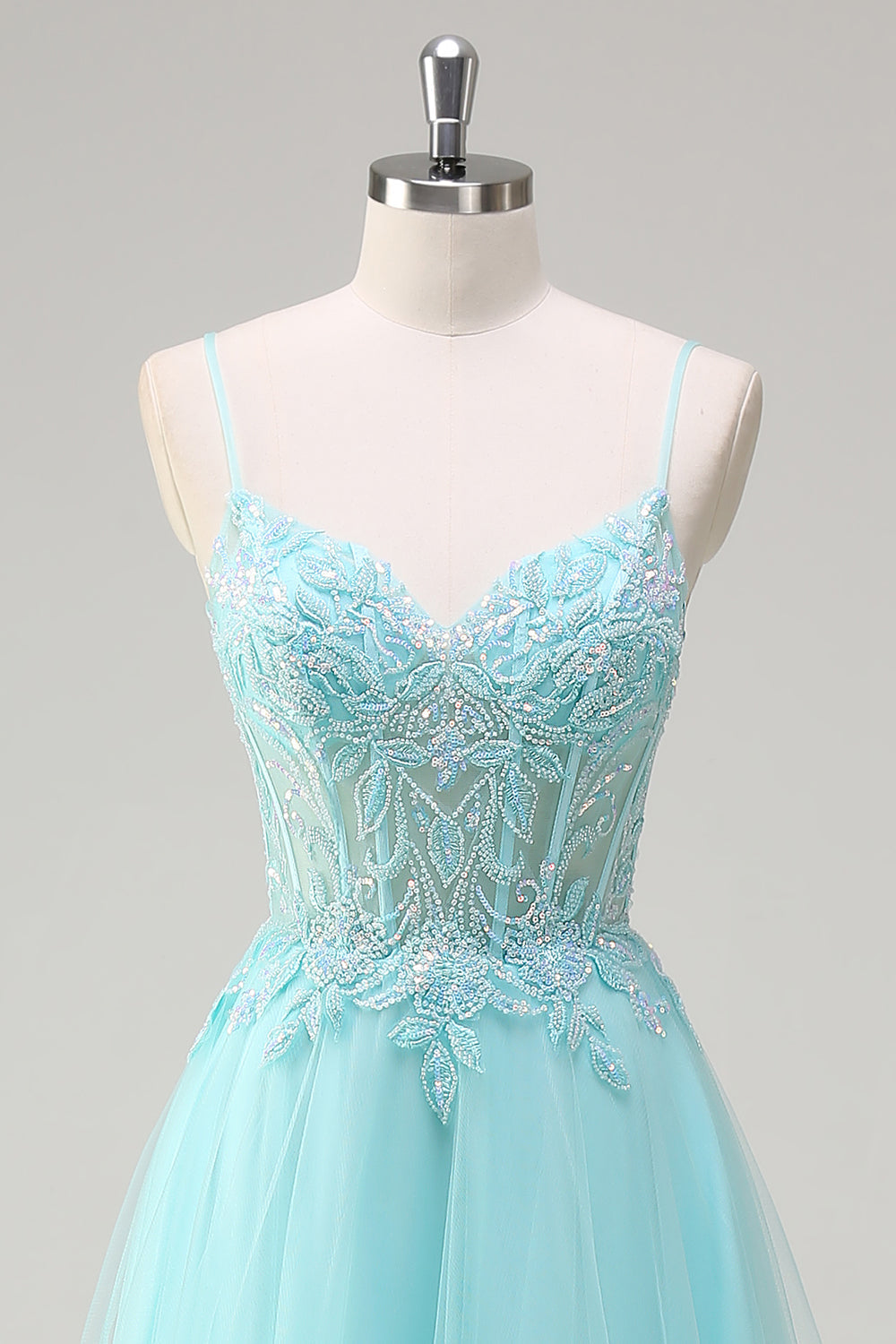 Sky Blue A-Line Spaghetti Straps Beaded Prom Dress with Appliques