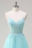 Sky Blue A-Line Spaghetti Straps Beaded Prom Dress with Appliques