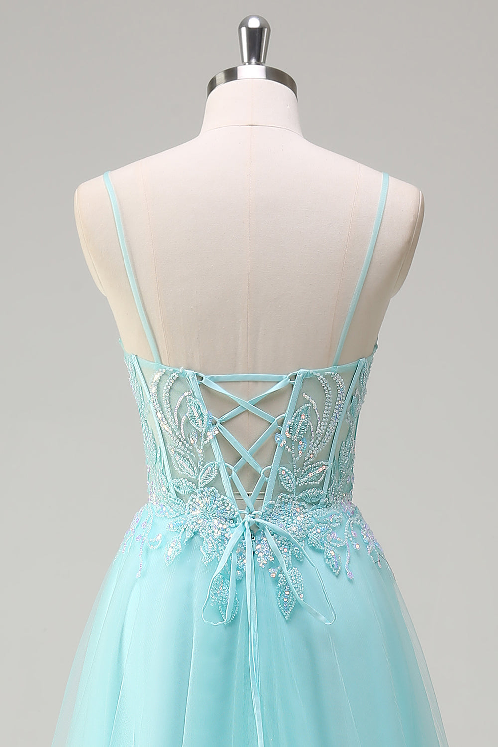 Sky Blue A-Line Spaghetti Straps Beaded Prom Dress with Appliques