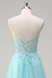 Sky Blue A-Line Spaghetti Straps Beaded Prom Dress with Appliques