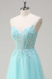 Sky Blue A-Line Spaghetti Straps Beaded Prom Dress with Appliques