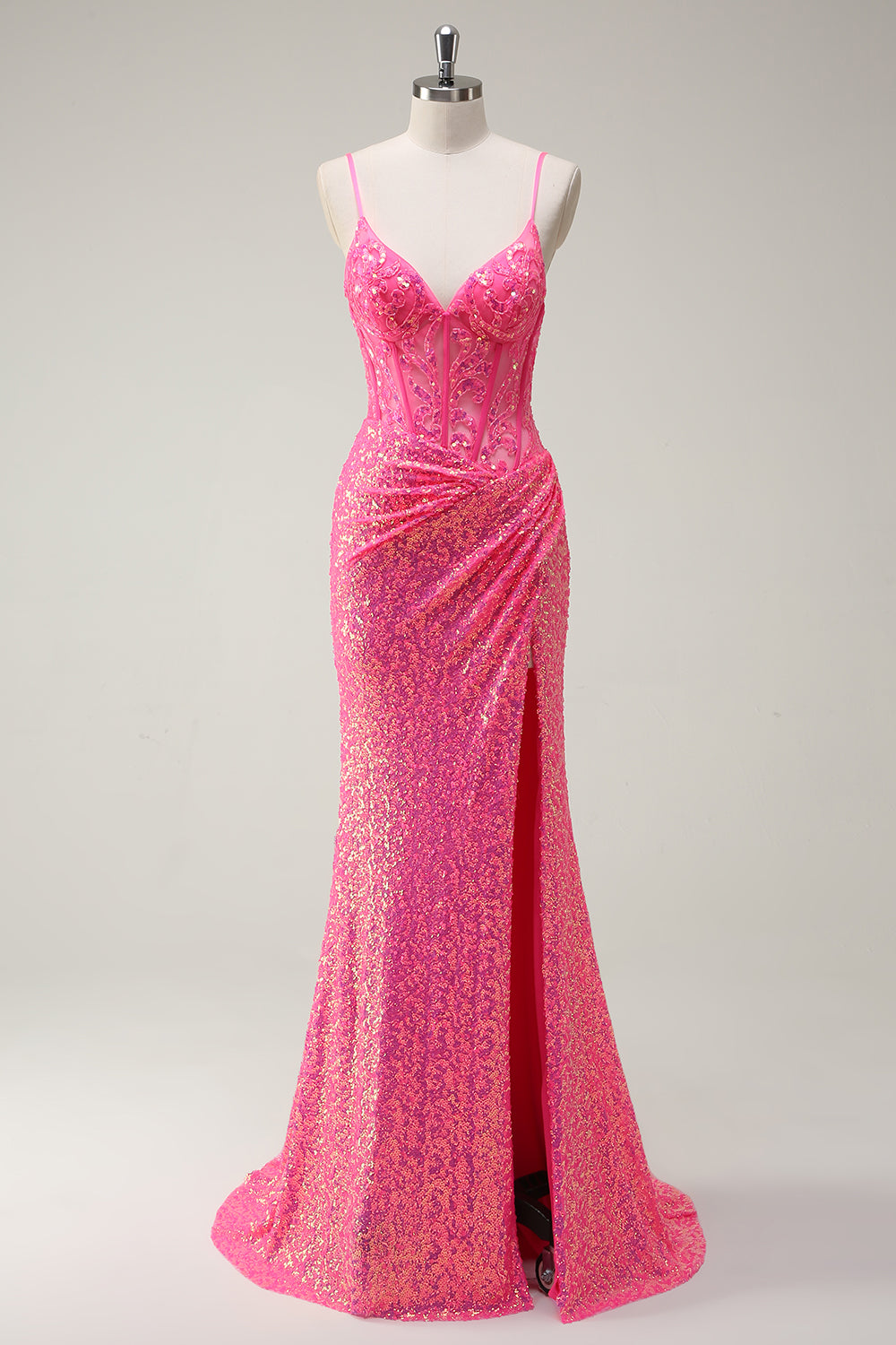 Sparkly Hot Pink Sequins Corset Mermaid Prom Dress with Slit