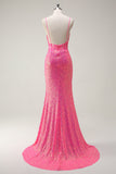Sparkly Hot Pink Sequins Corset Mermaid Prom Dress with Slit
