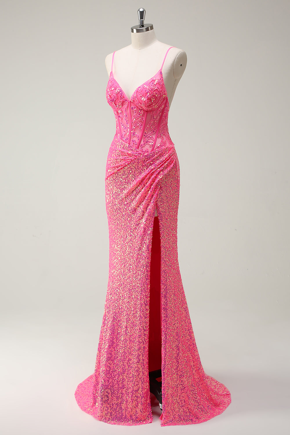 Sparkly Hot Pink Sequins Corset Mermaid Prom Dress with Slit