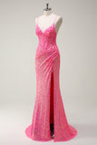 Sparkly Hot Pink Sequins Corset Mermaid Prom Dress with Slit