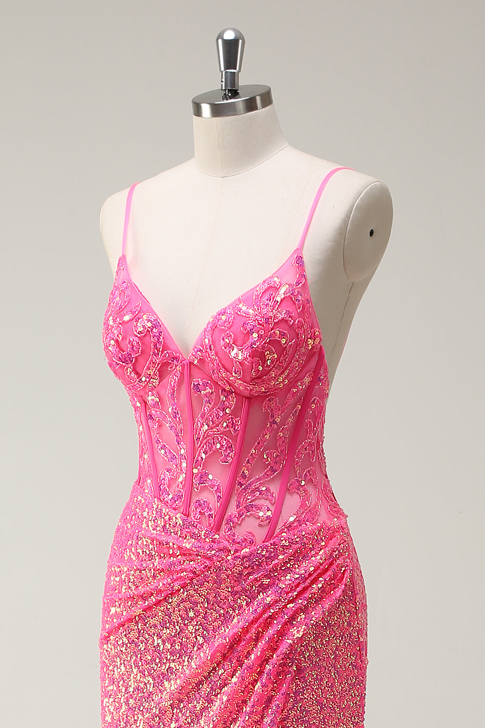 Sparkly Hot Pink Sequins Corset Mermaid Prom Dress with Slit