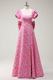 Fuchsia A-Line Square Neck Bow Floral Prom Dress with Slit