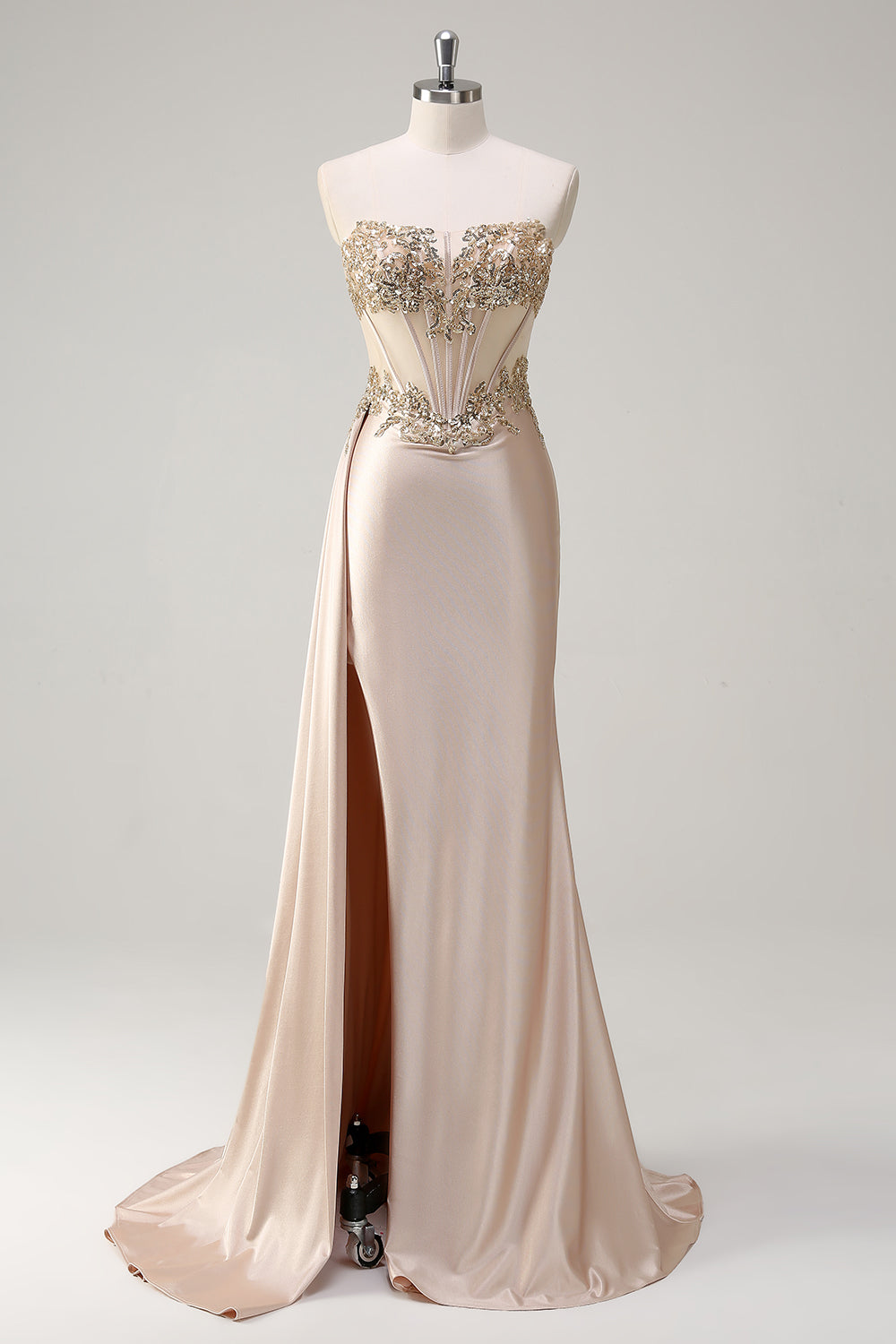 Champagne Mermaid Strapless Corset Satin Side Cape Long Prom Dress with Sequins