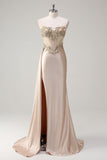 Champagne Mermaid Strapless Corset Satin Side Cape Long Prom Dress with Sequins