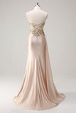 Champagne Mermaid Strapless Corset Satin Side Cape Long Prom Dress with Sequins