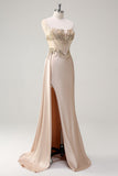 Champagne Mermaid Strapless Corset Satin Side Cape Long Prom Dress with Sequins