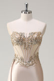 Champagne Mermaid Strapless Corset Satin Side Cape Long Prom Dress with Sequins